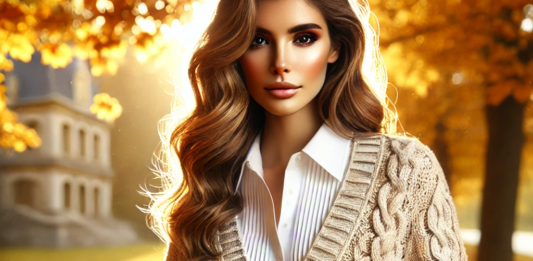 Cardigan torsadé beige porté en plein air automnal – Un cardigan torsadé en laine beige, ample et confortable, idéal pour un look preppy d'automne, avec des feuilles dorées en arrière-plan